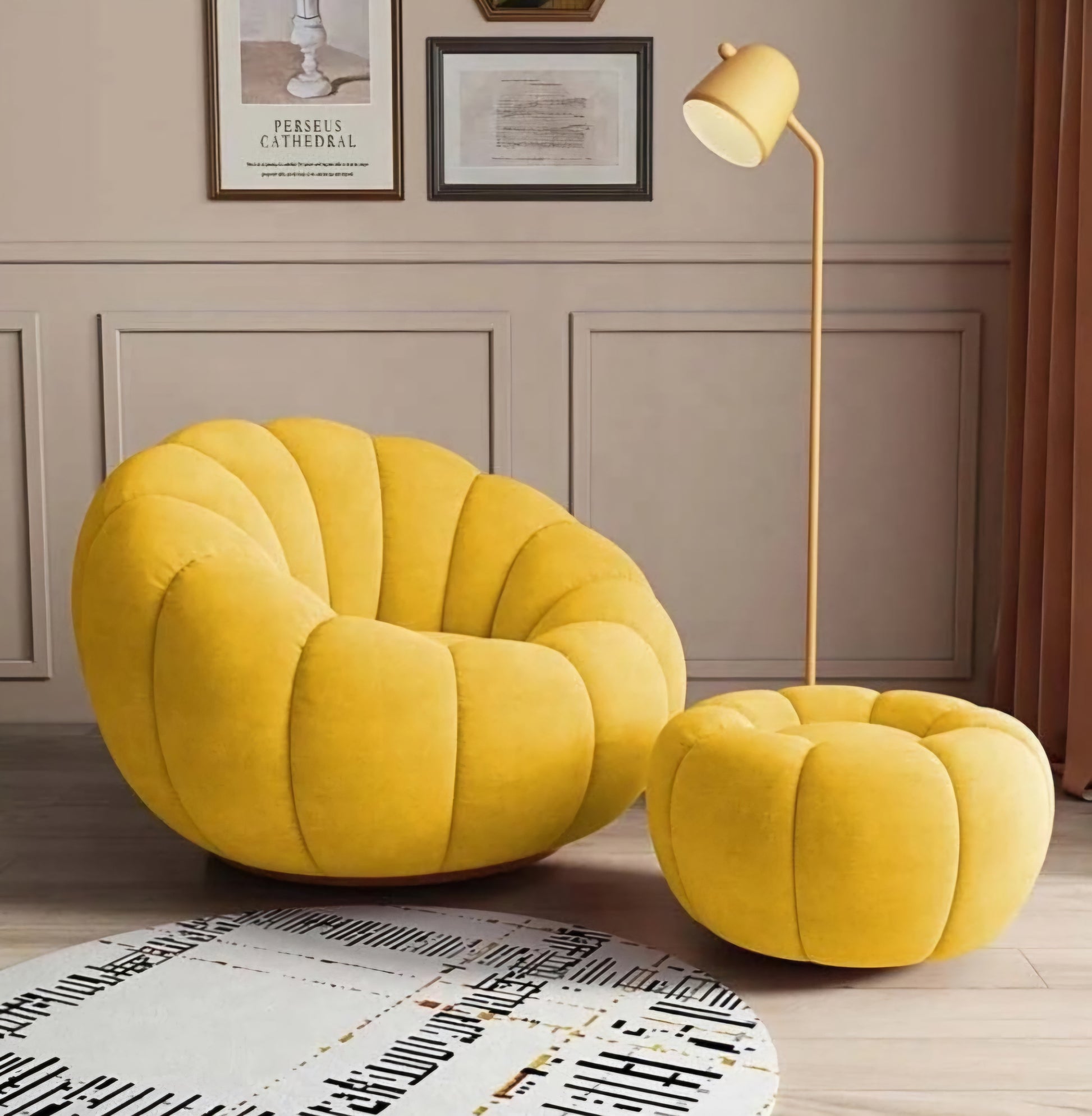 Boucle yellow lazy chair with ottoman