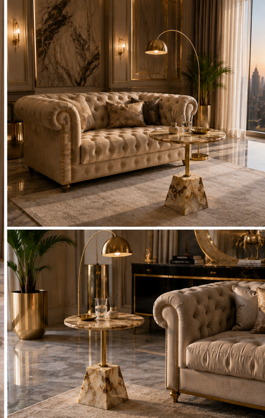 luxury side table with a round marble top and a sculptural tapered stone base