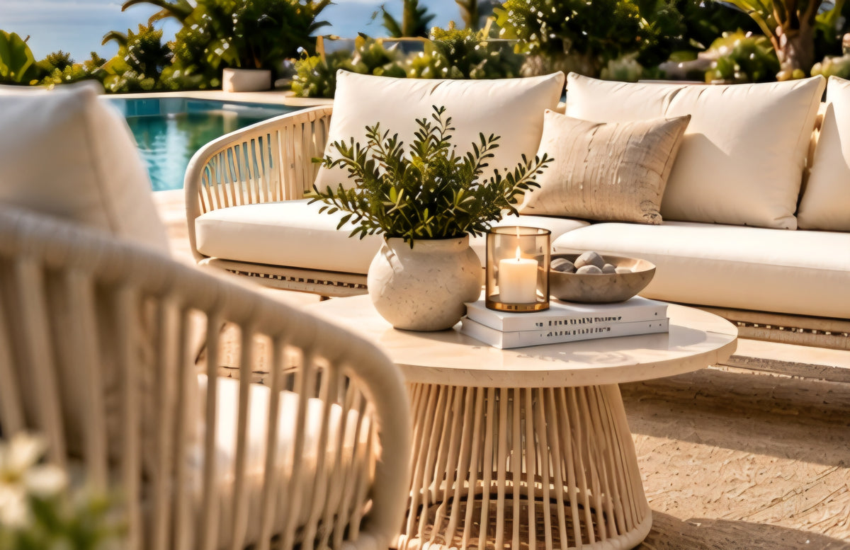 Beige outdoor lounge set with coffee table