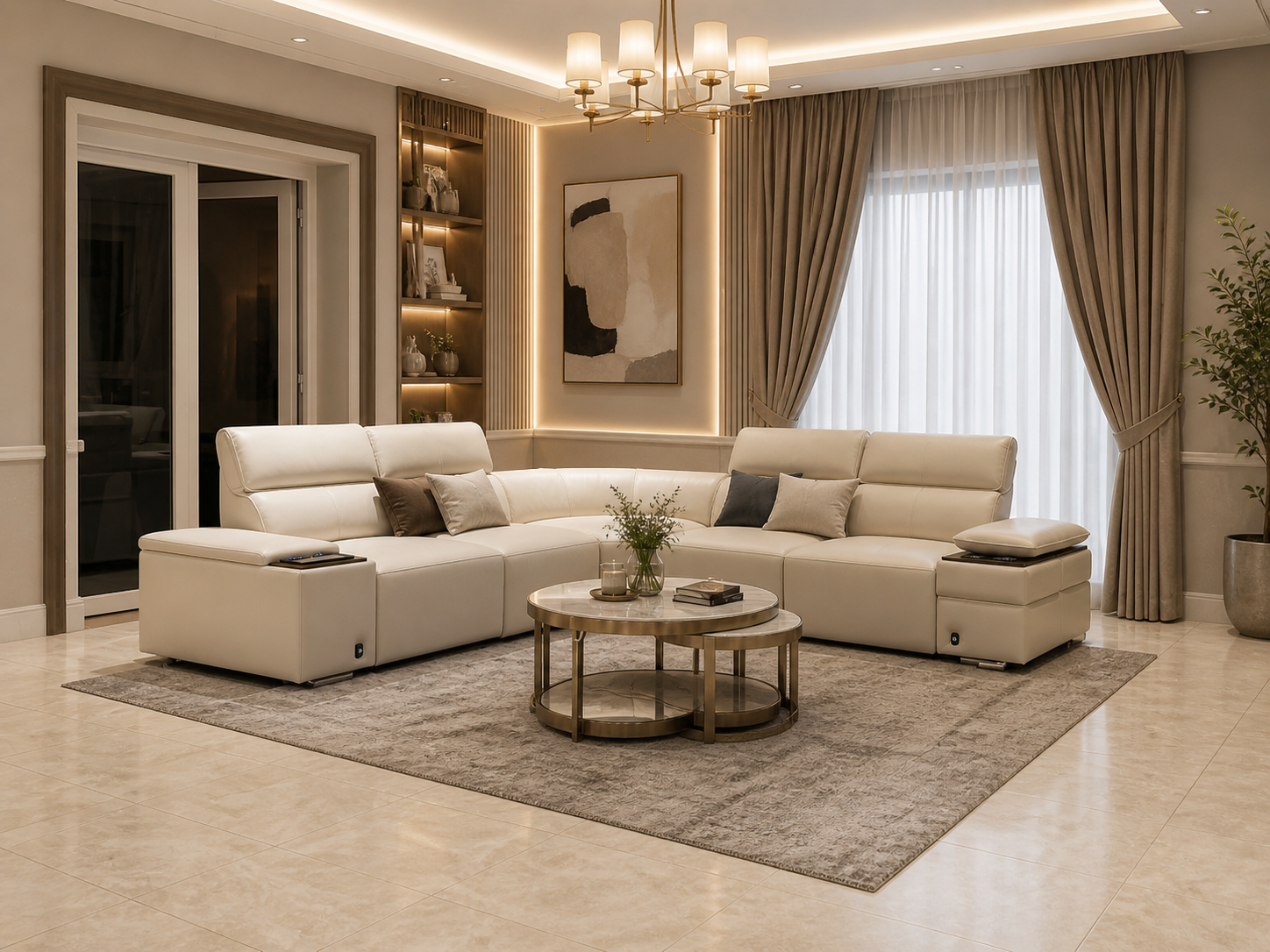 White leather corner suite smart Bluetooth charging ports