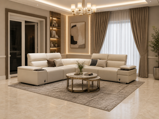 White leather corner suite smart Bluetooth charging ports