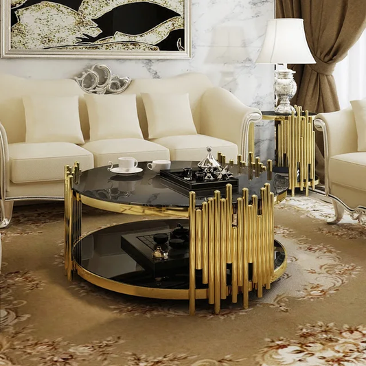round black and gold glass coffee table